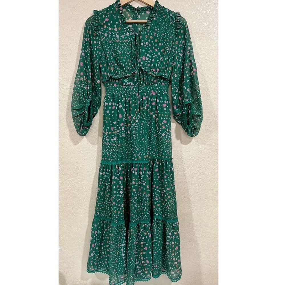 Three Floor Hansen Green Floral Pink Flower Ruffle Tiered Long Sleeve Maxi Dress